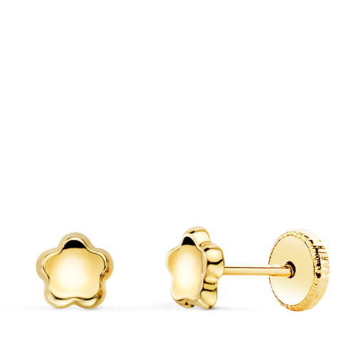 18K PENDIENTES ORO AMARILLO FLOR CONCAVO EN BRILLO 5X5 MM. CIERRE TUERCA 0
