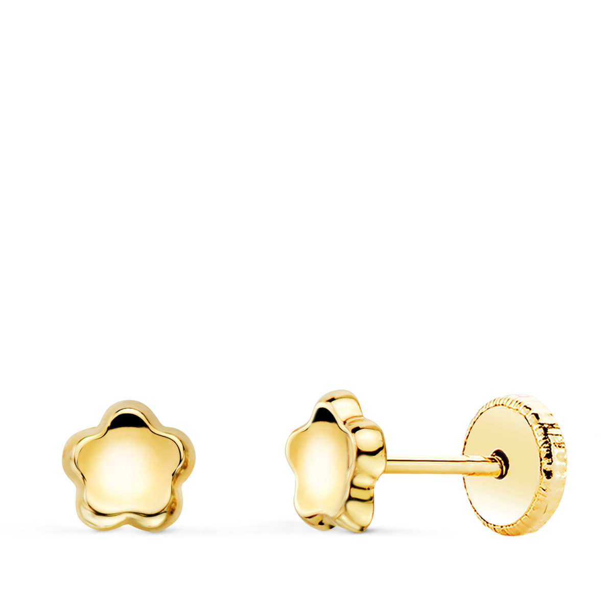 18K PENDIENTES ORO AMARILLO FLOR CONCAVO EN BRILLO 5X5 MM. CIERRE TUERCA 0