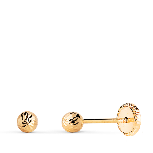 18K PENDIENTES ORO AMARILLO BOLA TALLADA HUECA. ANCHO: 3 MM. CIERRE TUERCA 0