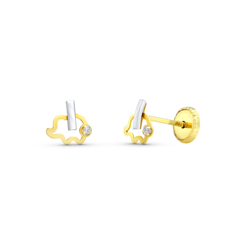 18K PENDIENTES ORO BICOLOR ELEFANTE 6X6 MM CIERRE TUERCA 0