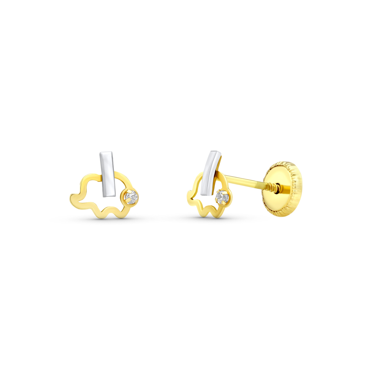 18K PENDIENTES ORO BICOLOR ELEFANTE 6X6 MM CIERRE TUERCA 0