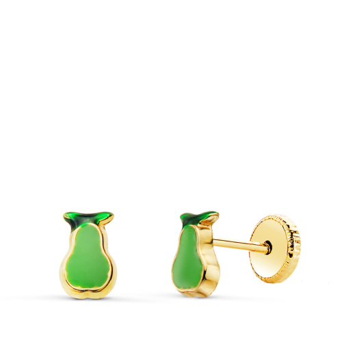 18K PENDIENTES ORO AMARILLO PERA ESMALTE VERDE 6 X 4 MM. CIERRE TUERCA 0