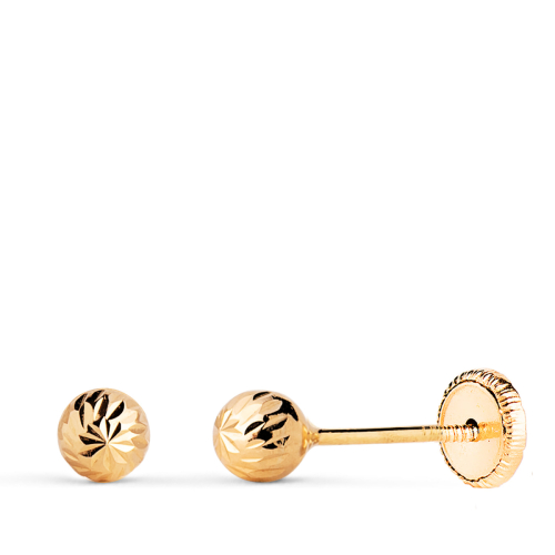 18K PENDIENTES ORO AMARILLO BOLA TALLADA HUECA. ANCHO: 4 MM. CIERRE TUERCA 0