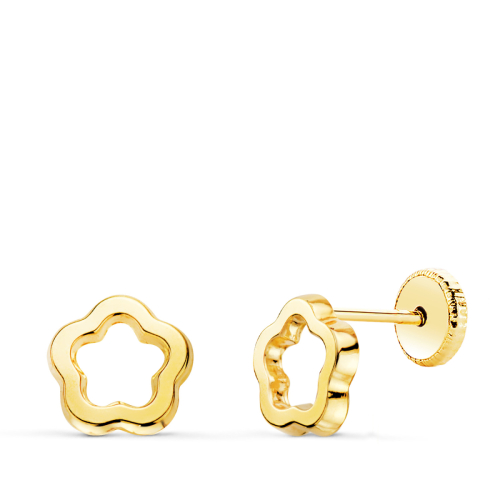 18K PENDIENTES ORO AMARILLO FLOR BRILLO CALADA 7 X 7 MM. CIERRE TUERCA 0