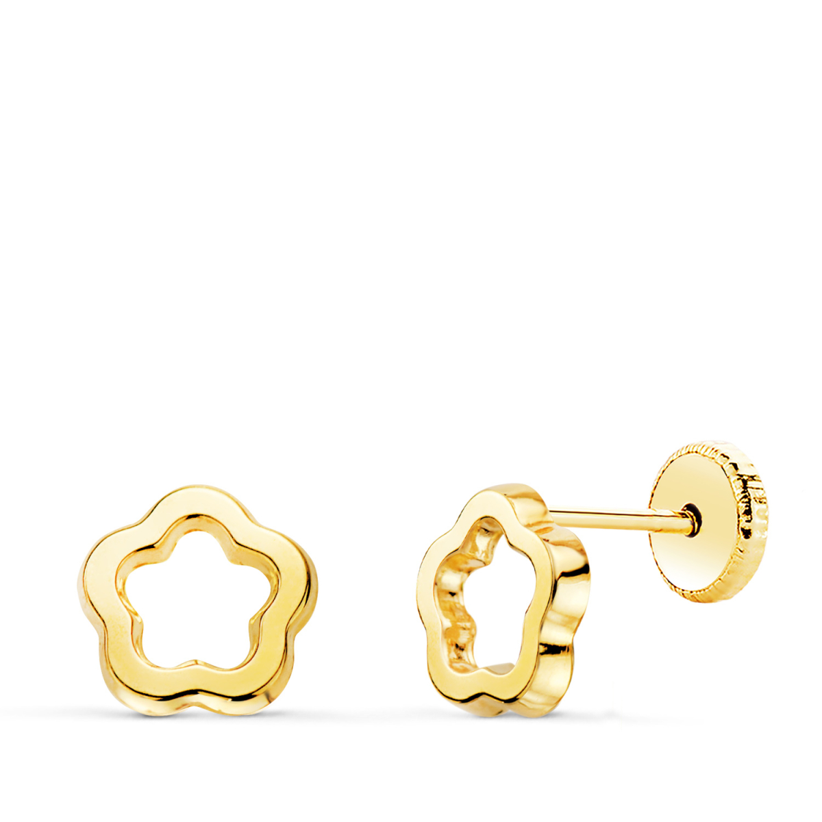 18K PENDIENTES ORO AMARILLO FLOR BRILLO CALADA 7 X 7 MM. CIERRE TUERCA 0
