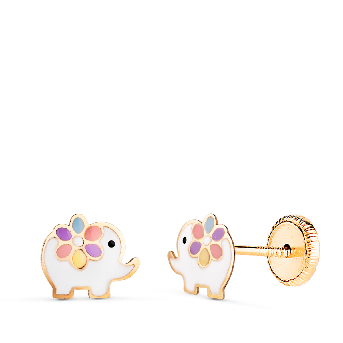 18K PENDIENTES ORO AMARILLO ELEFANTES ESMALTADOS. MEDIDA: 7 X 6 MM. CIERRE TUERCA 0