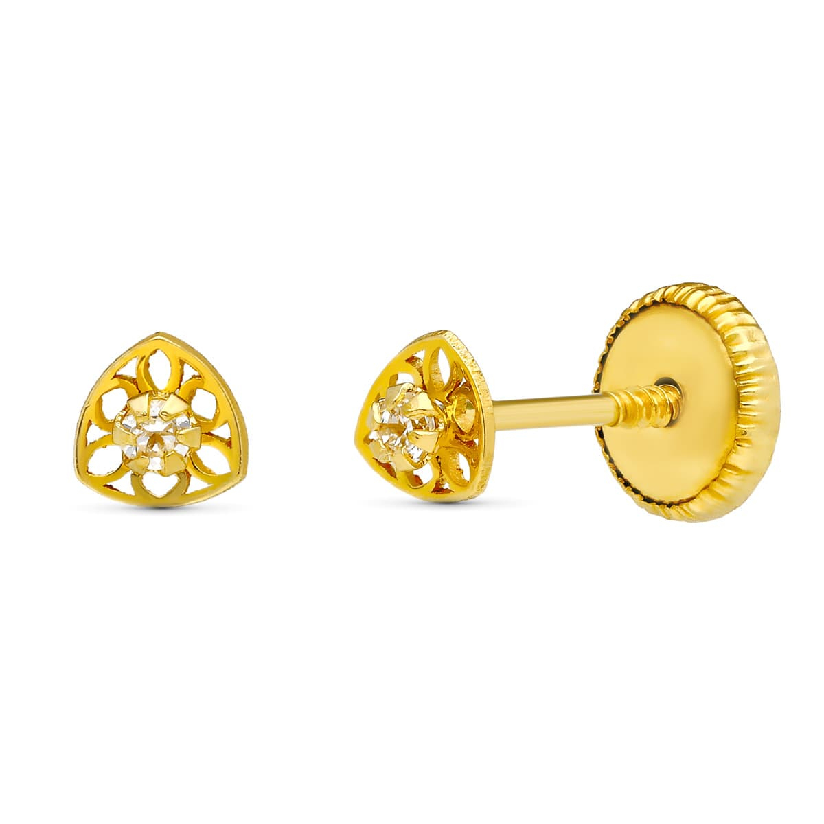18K PENDIENTES ORO AMARILLO TRIANGULO CALADO 3X3 MM CIERRE TUERCA 0