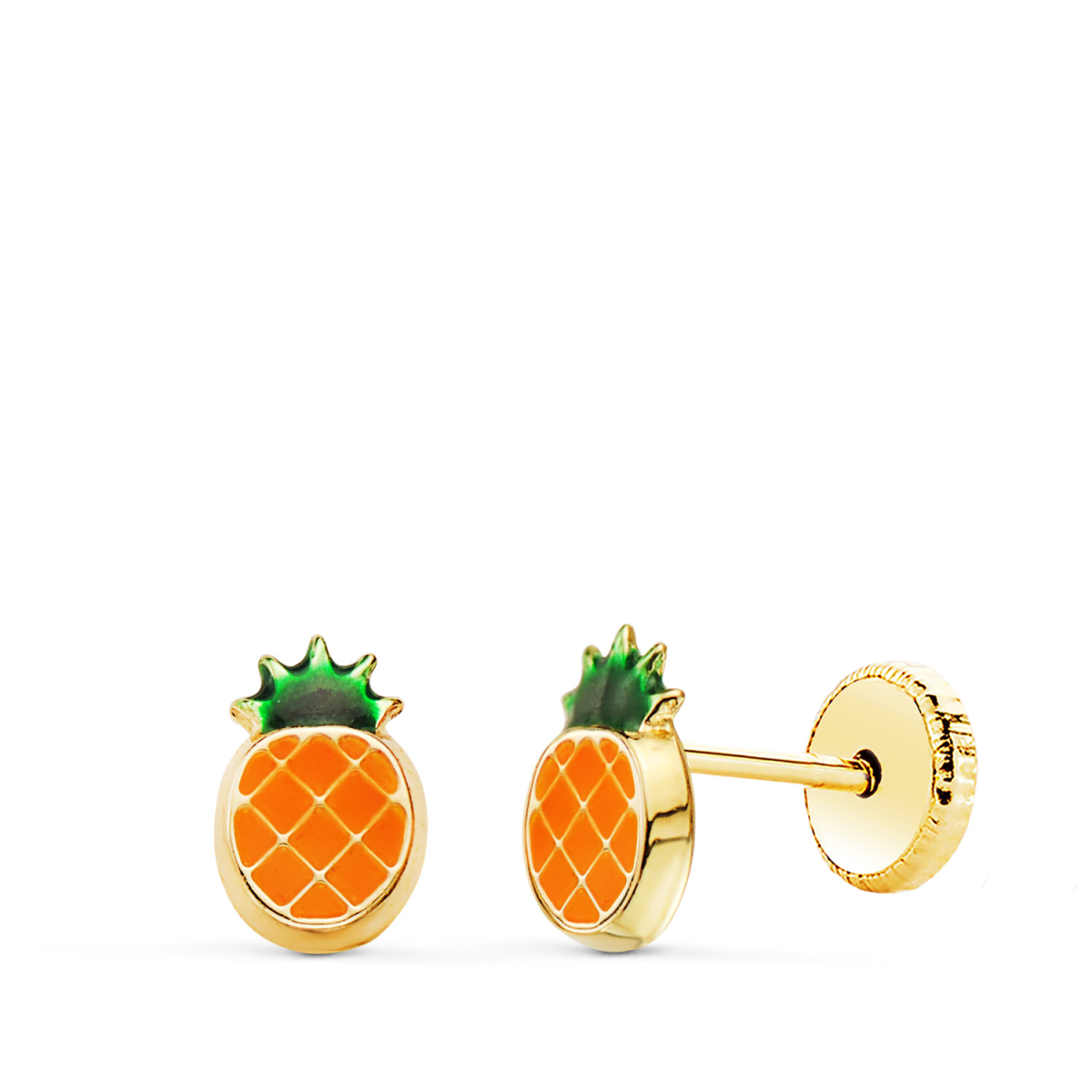 18K PENDIENTES ORO AMARILLO PIÑA ESMALTE NARANJA 6