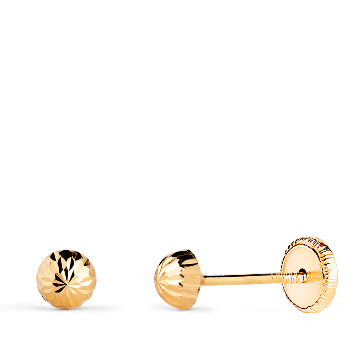 18K PENDIENTES ORO AMARILLO MEDIA BOLA TALLADA HUECA. ANCHO: 4 MM. CIERRE TUERCA 0