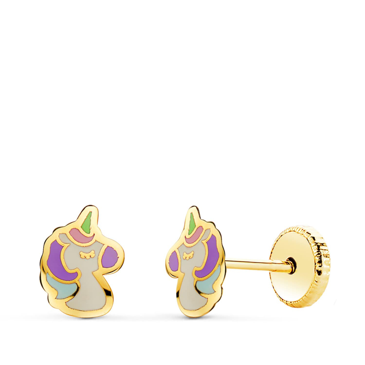 18K PENDIENTES ORO AMARILLO UNICORNIOS ESMALTE CIERRE TUERCA 7