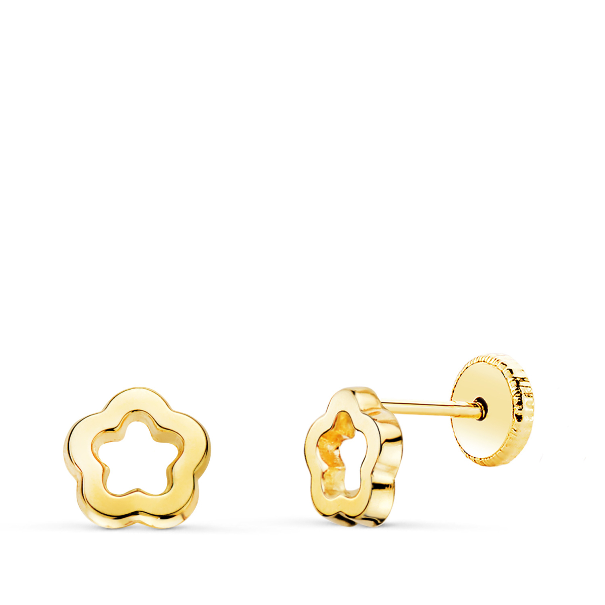 18K PENDIENTES ORO AMARILLO FLOR BRILLO CALADA 6 X 6 MM. CIERRE TUERCA 0