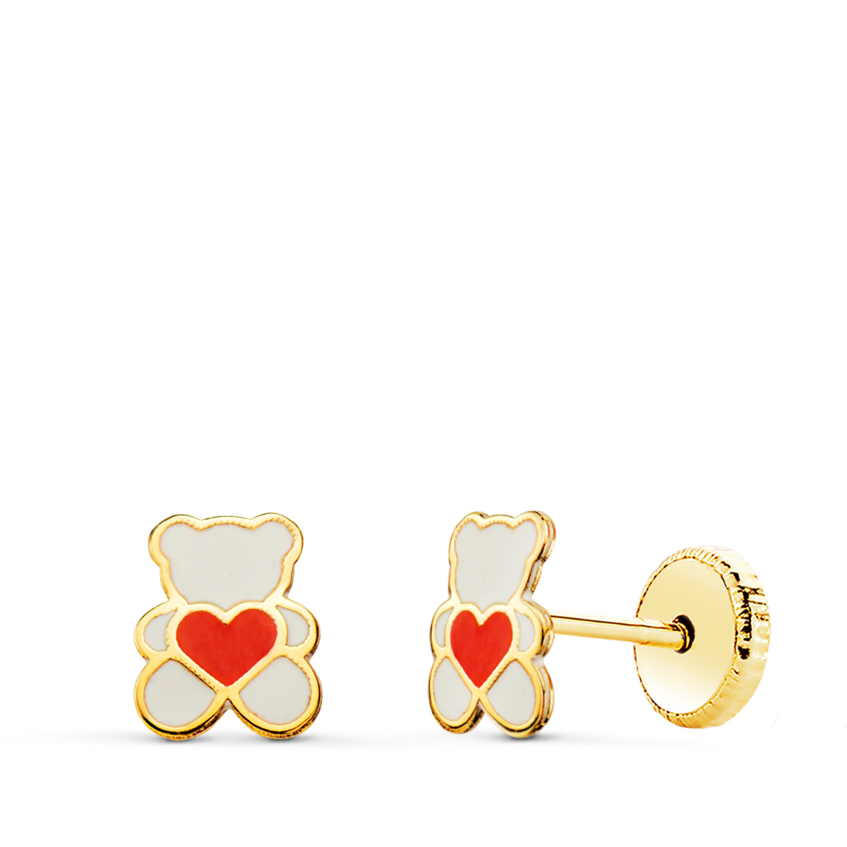 18K PENDIENTES ORO AMARILLO OSO ESMALTE BLANCO Y CORAZON. 6 X 4.5 MM. CIERRE TUERCA 0