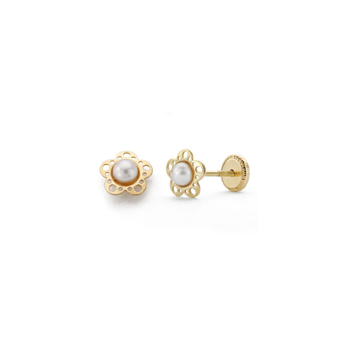 18K PENDIENTES ORO AMARILLO NIÑA FLOR PERLITA TUERCA 0