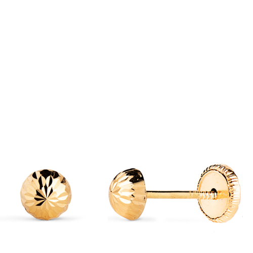 18K PENDIENTES ORO AMARILLO MEDIA BOLA TALLADA HUECA. ANCHO: 5 MM. CIERRE TUERCA 0