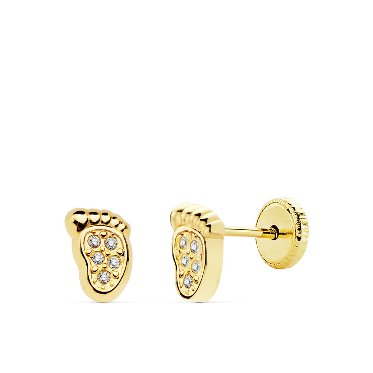18K PENDIENTES ORO AMARILLO PIE BEBE. 6.5X4 MM CIERRE TUERCA 0
