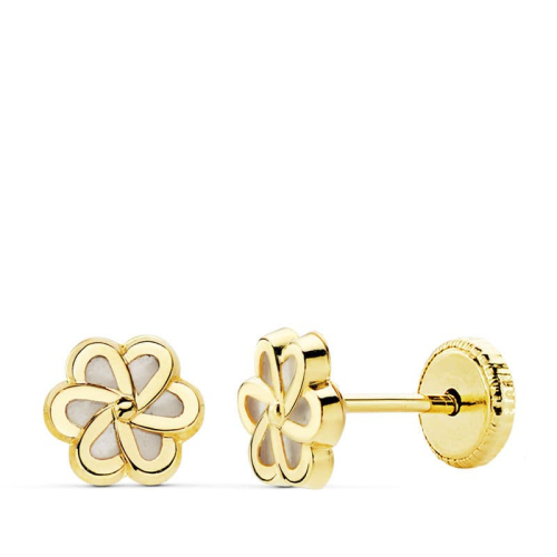 18K PENDIENTES ORO AMARILLO FLOR NACAR 6X6 MM CIERRE TUERCA 0
