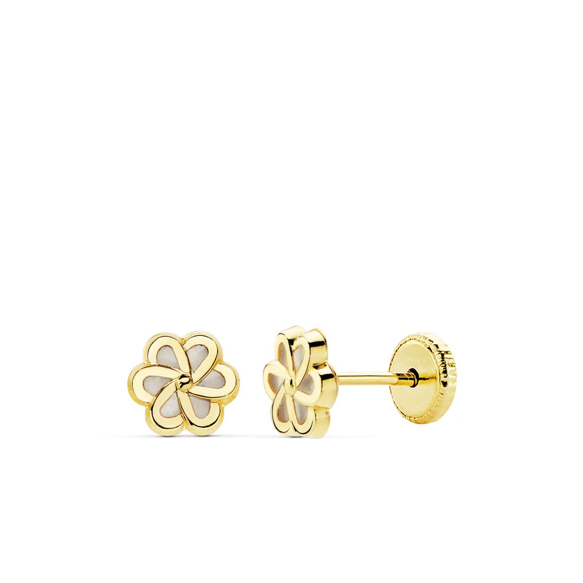 18K PENDIENTES ORO AMARILLO FLOR NACAR 6X6 MM CIERRE TUERCA 0