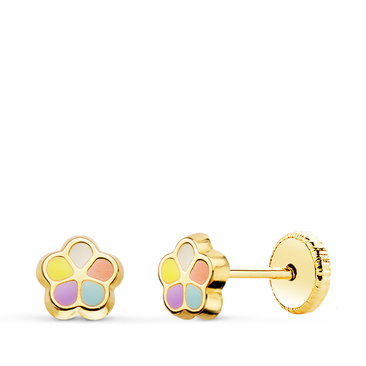 18K PENDIENTES FLOR ESMALTE 5MM CIERRE TUERCA 0