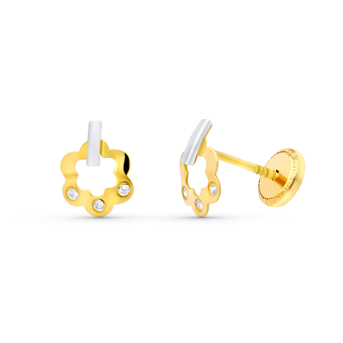 18K PENDIENTES ORO BICOLOR FLOR 8X6 MM. CIERRE TUERCA 0