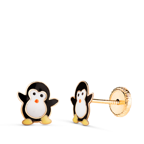18K PENDIENTES ORO AMARILLO PINGUINOS ESMALTADOS. MEDIDA: 8 X 7 MM. CIERRE TUERCA 0
