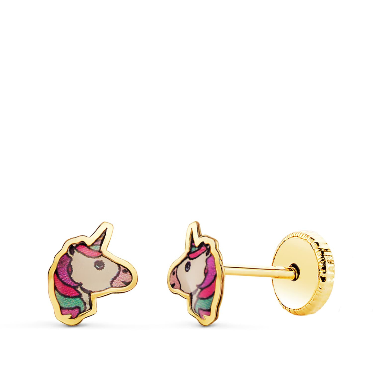 18K PENDIENTES ORO AMARILLO UNICORNIOS ESMALTE CIERRE TUERCA 6 X 5