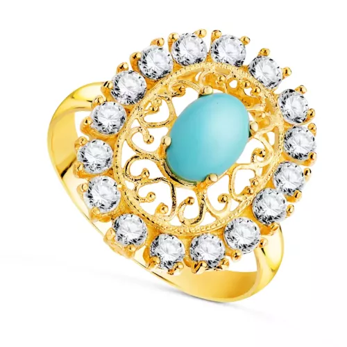 18K SORTIJA ORO AMARILLO CALADA CON PIEDRA TURQUESA 7X5 MM CON CIRCONITAS. MEDIDA: 19X16 MM. 3