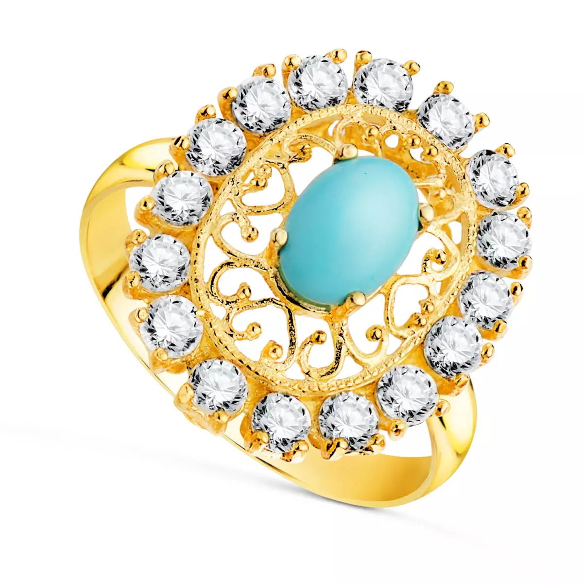 18K SORTIJA ORO AMARILLO CALADA CON PIEDRA TURQUESA 7X5 MM CON CIRCONITAS. MEDIDA: 19X16 MM. 3
