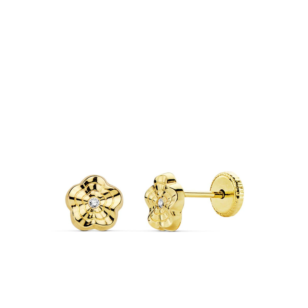 18K PENDIENTES ORO AMARILLO FLOR ONDAS 6X6 MM CIERRE TUERCA 0