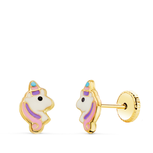 18K PENDIENTES ORO AMARILLO UNICORNIOS ESMALTADOS CIERRE TUERCA 8 X 5 MM 0