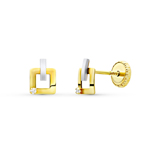 18K PENDIENTES ORO BICOLOR CUADRADOS 6X5 MM CIERRE TUERCA 0