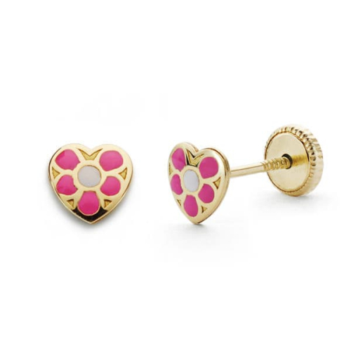 18K PENDIENTES ORO AMARILLO CORAZON ROSA 5X5 MM CIERRE TUERCA 0