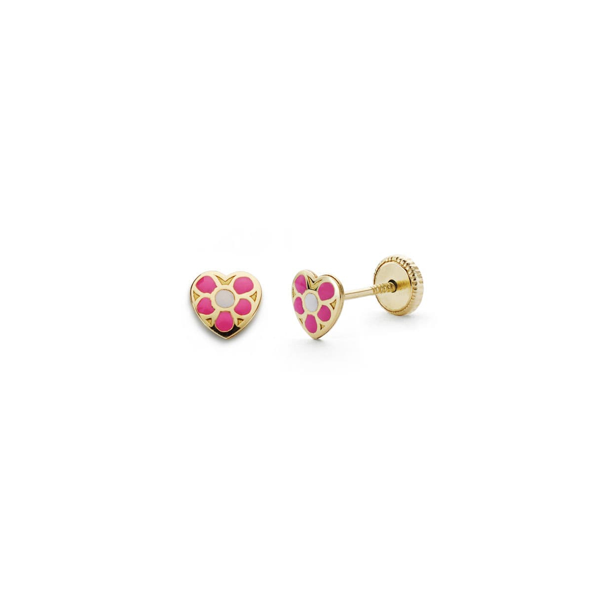 18K PENDIENTES ORO AMARILLO CORAZON ROSA 5X5 MM CIERRE TUERCA 0