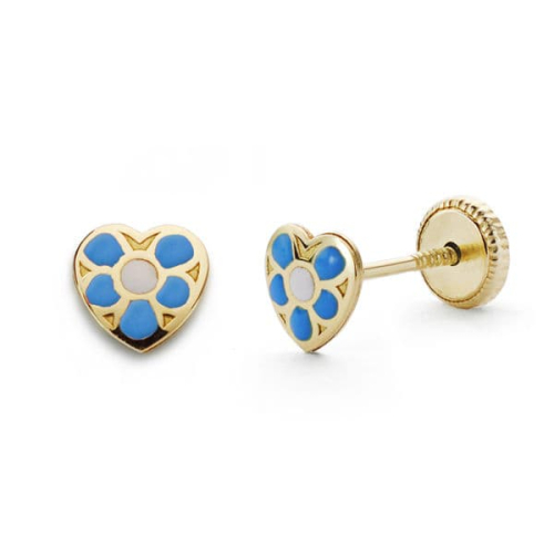 18K PENDIENTES ORO AMARILLO CORAZON AZUL. 5X5 MM CIERRE TUERCA 0