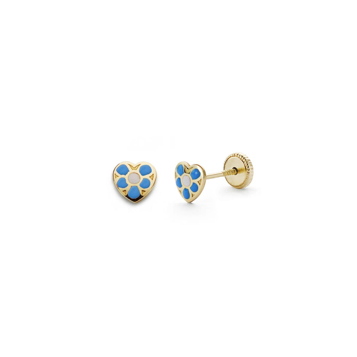 18K PENDIENTES ORO AMARILLO CORAZON AZUL. 5X5 MM CIERRE TUERCA 0