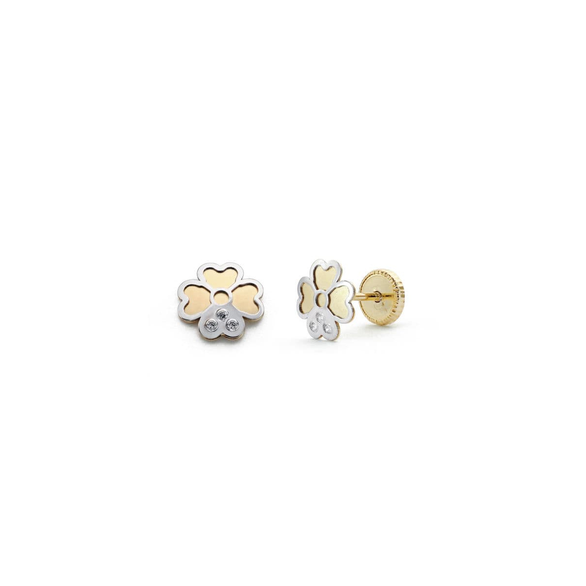 18K PENDIENTES ORO BICOLOR TREBOL. 6 MM CIERRE TUERCA 0