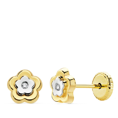 18K PENDIENTES FLOR ORO BICOLOR 6X6 MM CIERRE TUERCA 0