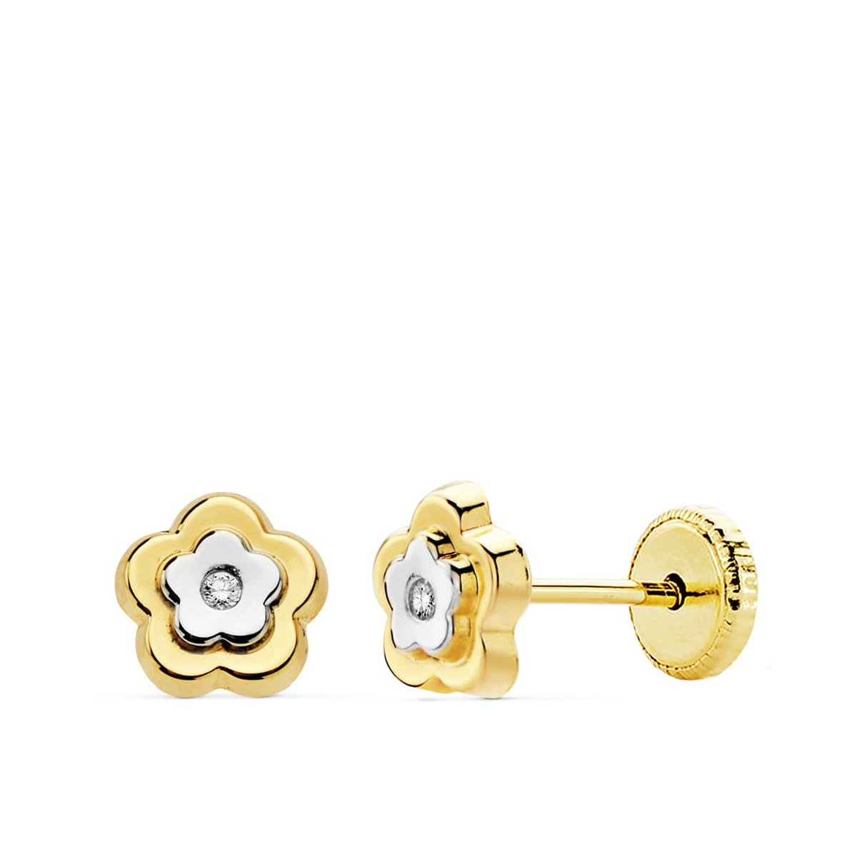 18K PENDIENTES FLOR ORO BICOLOR 6X6 MM CIERRE TUERCA 0