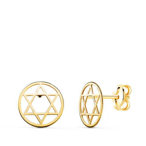 18K PENDIENTES ORO AMARILLO REDONDOS ESTRELLA DE DAVID BRILLO 8 MM. CIERRE PRESION 0