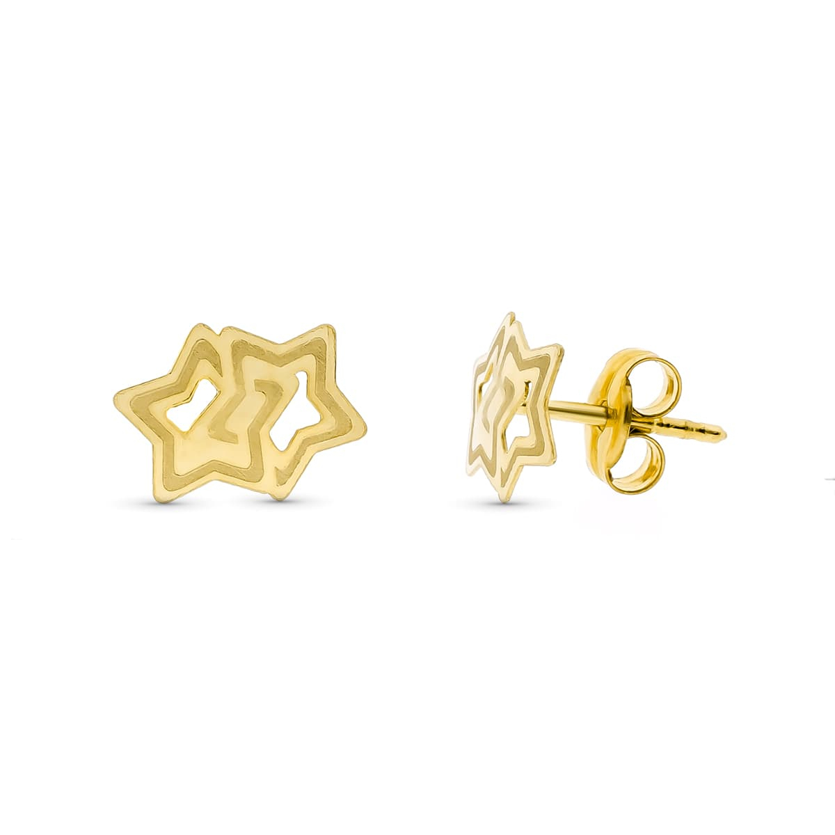18K PENDIENTES ORO AMARILLO ESTRELLAS LASER. 9X7 MM CIERRE PRESION 0