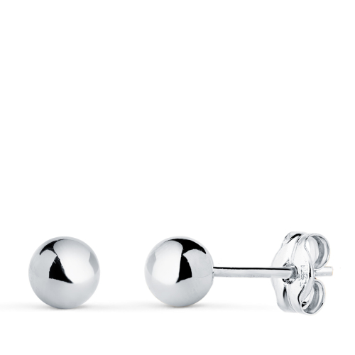 18K PENDIENTES ORO BLANCO BOLA LISA BRILLA HUECA. ANCHO: 5 MM. CIERRE PRESION 0