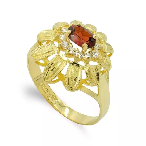 18K SORTIJA ORO AMARILLO GRANATE 6X4 MM Y CIRCONITAS. MEDIDA: 15