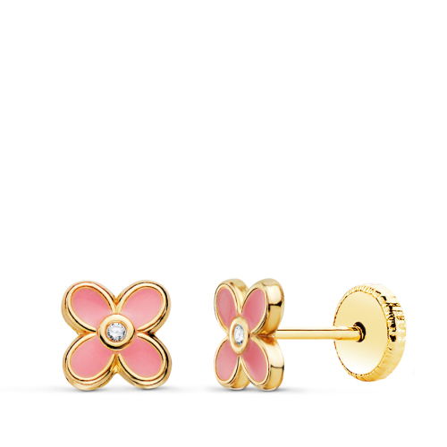 18K PENDIENTES ORO AMARILLO TREBOL ESMALTE ROSA 6X6 MM. CIERRE TUERCA 0