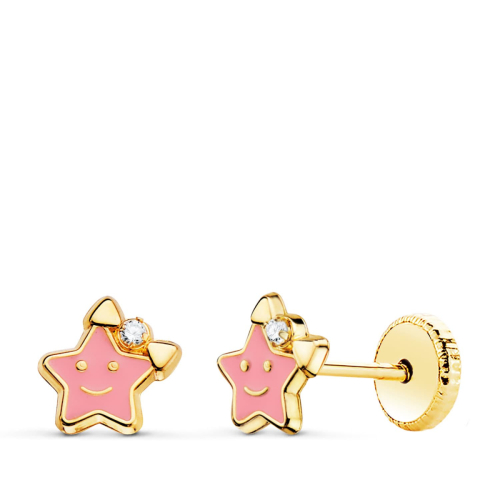18K PENDIENTES ORO AMARILLO ESTRELLA ESMALTE ROSA 6