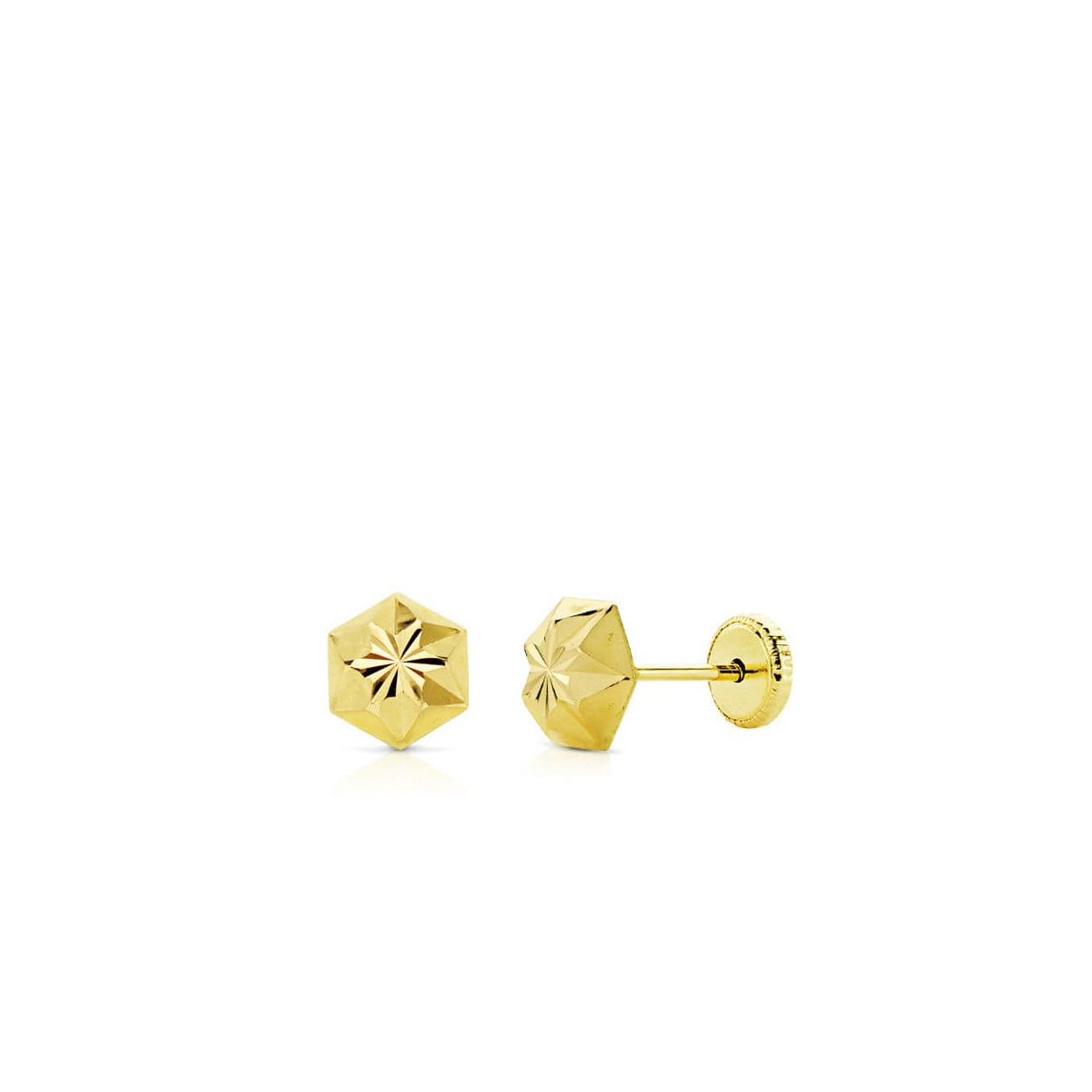 18K PENDIENTES ORO AMARILLO CLAVO ESTRELLA TALLADOS 6 MM CIERRE TUERCA 0