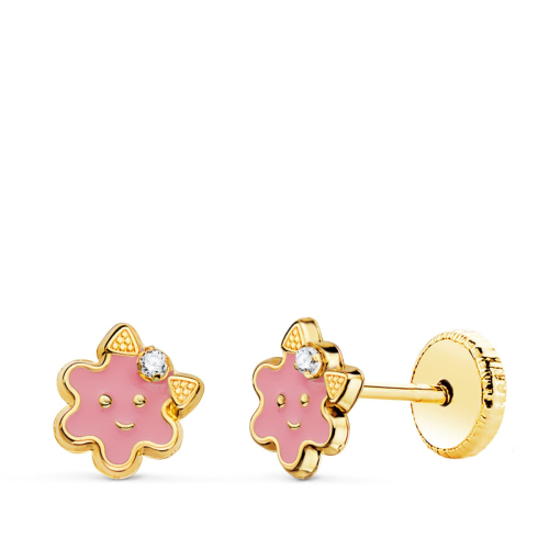 18K PENDIENTES ORO AMARILLO FLOR ESMALTE ROSA CIERRE TUERCA 6