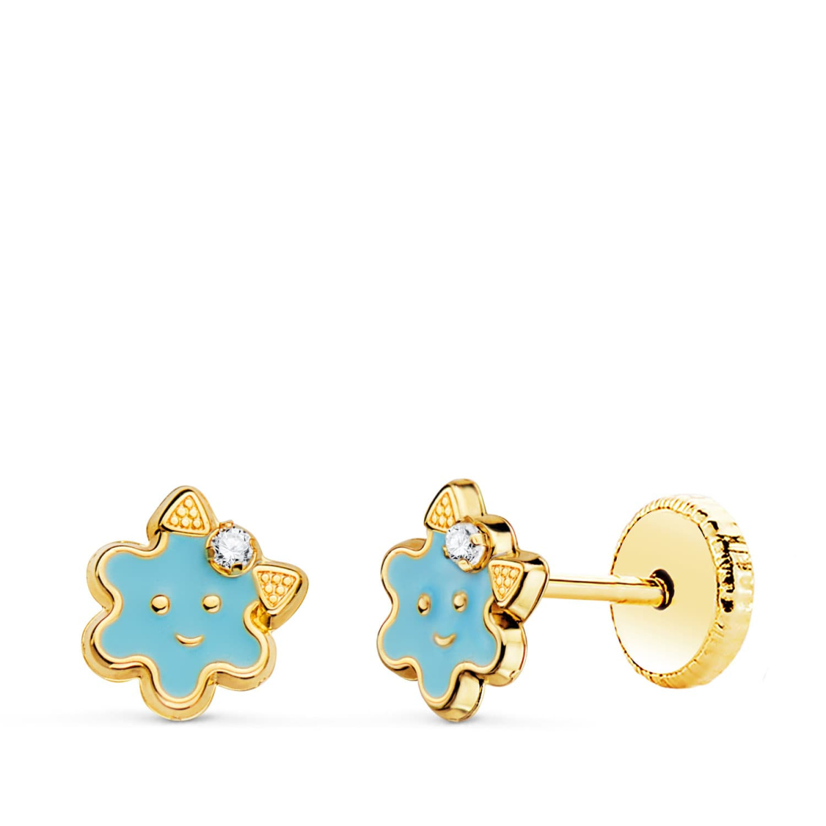 18K PENDIENTES ORO AMARILLO FLOR ESMALTE AZUL CIERRE TUERCA 6