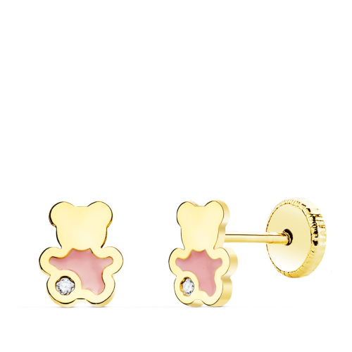 18K PENDIENTES ORO AMARILLO OSO ESMALTE ROSA 6X5 MM CIERRE TUERCA 0