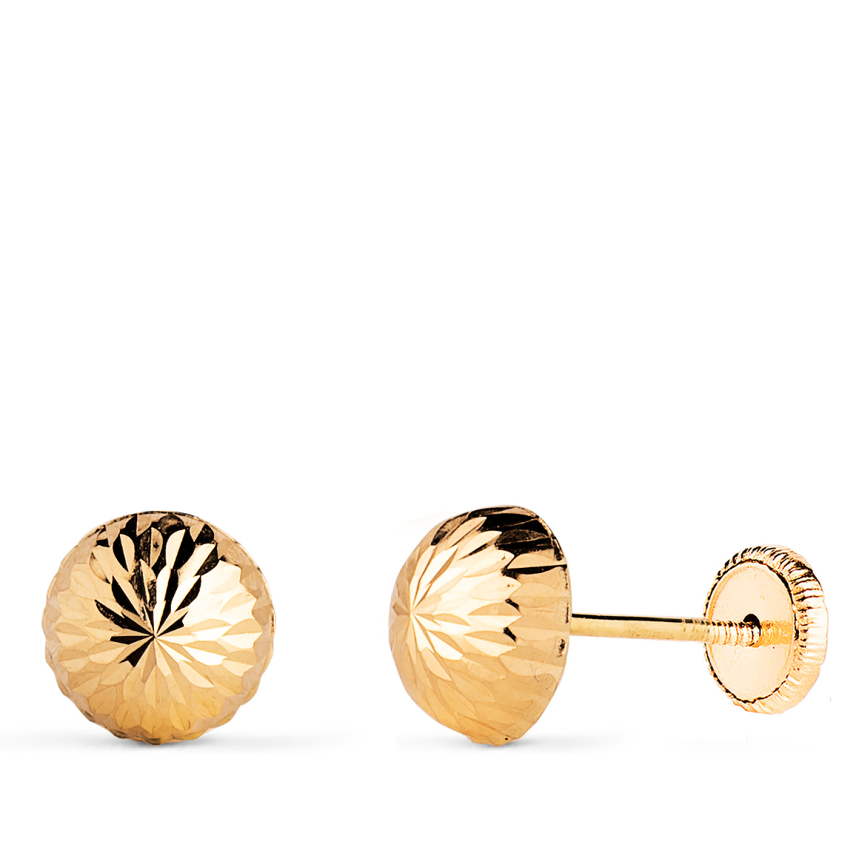 18K PENDIENTES ORO AMARILLO MEDIA BOLA TALLADA HUECA. ANCHO: 7 MM. CIERRE TUERCA 0
