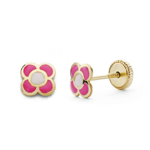 18K PENDIENTES ORO AMARILLO FLOR ROSA 6X6 MM CIERRE TUERCA 0