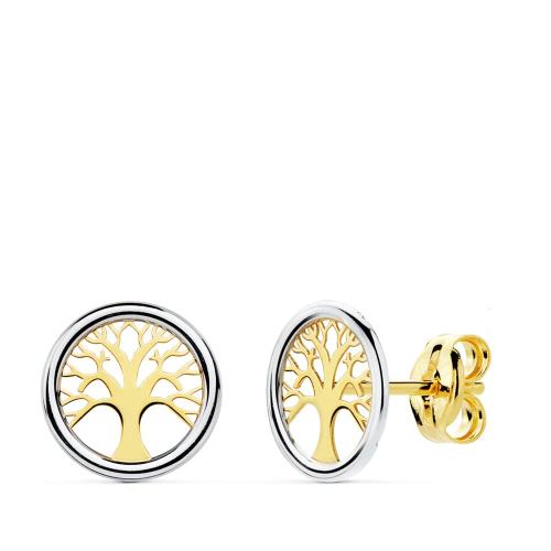 18K PENDIENTES ORO BICOLOR ARBOL DE LA VIDA 8 MM CIERRE PRESION 0